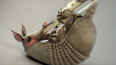 A detailed CGI armadillo holding a bottle underwater, bubbles rising, depicted in 4K Ultra HD for a PC desktop wallpaper and background.