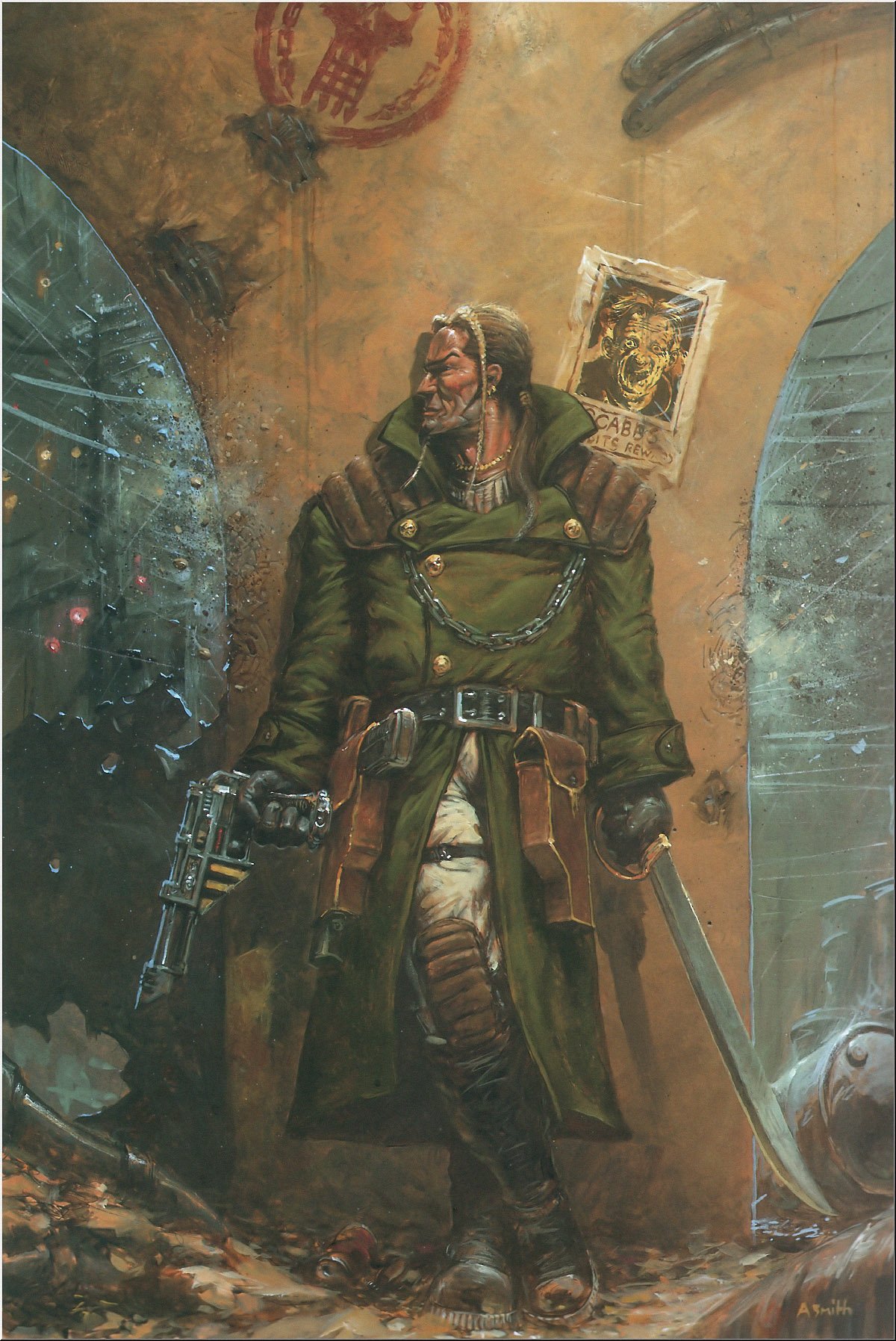 A steampunk cyborg wielding a gun and sword, dressed in a rugged, sci-fi outfit with mechanical enhancements, set against a textured, futuristic background.