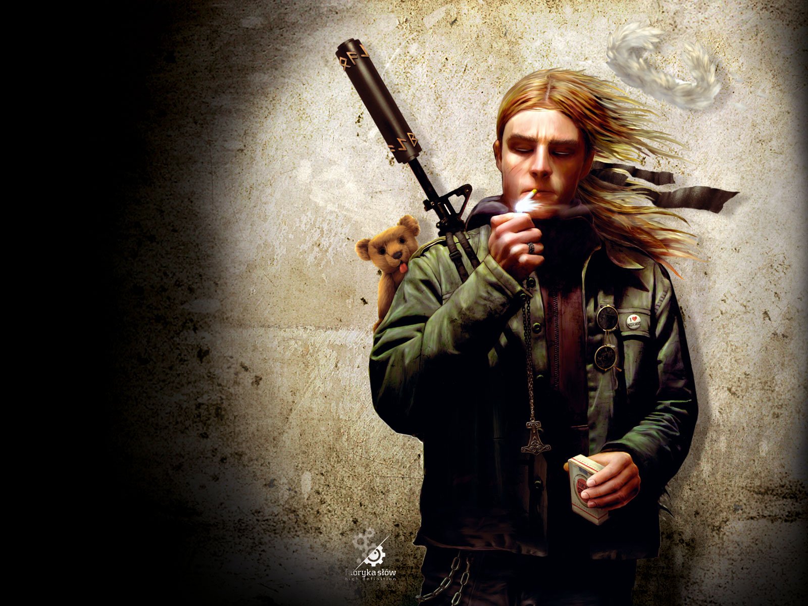 HD fantasy warrior wallpaper featuring a long-haired figure in a dark jacket holding a weapon, with a small teddy bear peeking over the shoulder against a textured background.