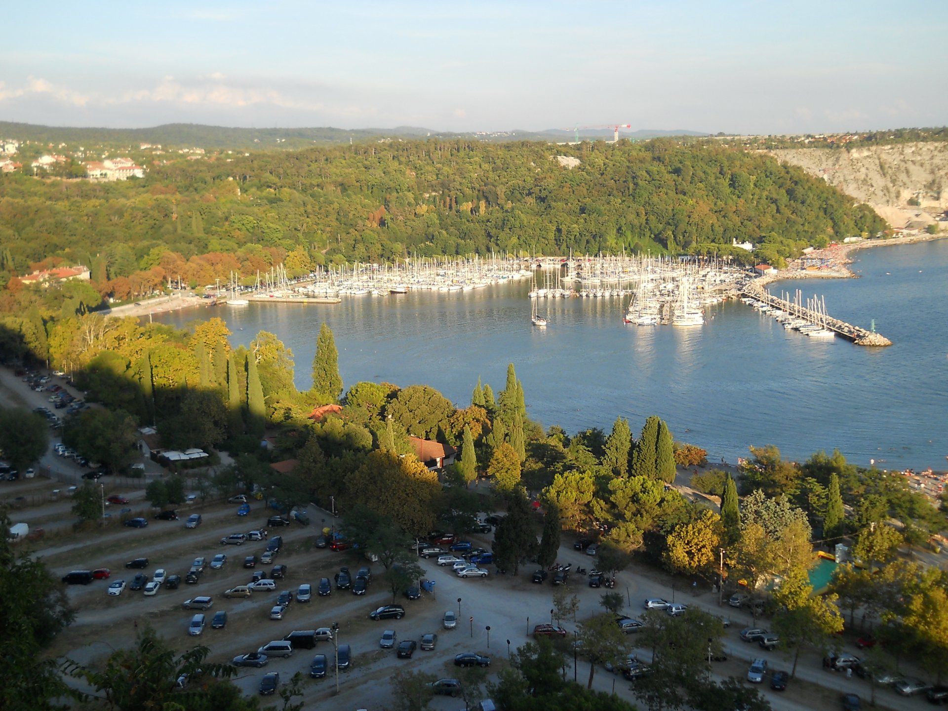 HD desktop wallpaper showcasing a man-made harbor surrounded by lush greenery and a parking area under a clear sky.