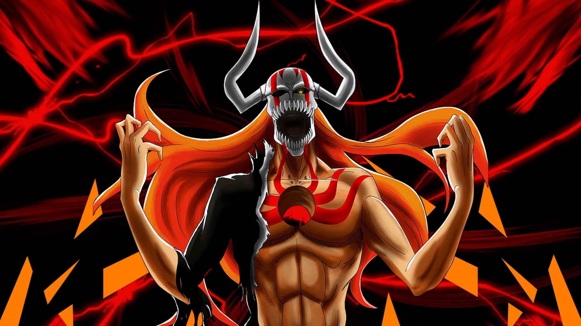 Ichigo Kurosaki from Bleach in his fierce Hollow form, depicted in a dynamic 4K Ultra HD anime desktop wallpaper with vivid red and black tones.