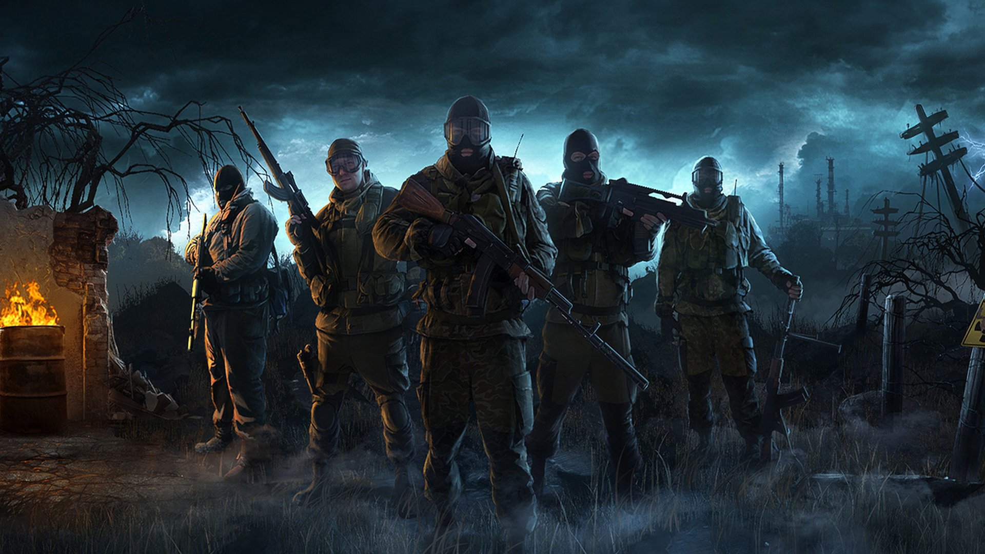 A dark, atmospheric fantasy scene featuring five armed soldiers standing in a misty, eerie landscape, rendered as a detailed 4K Ultra HD PC desktop wallpaper.
