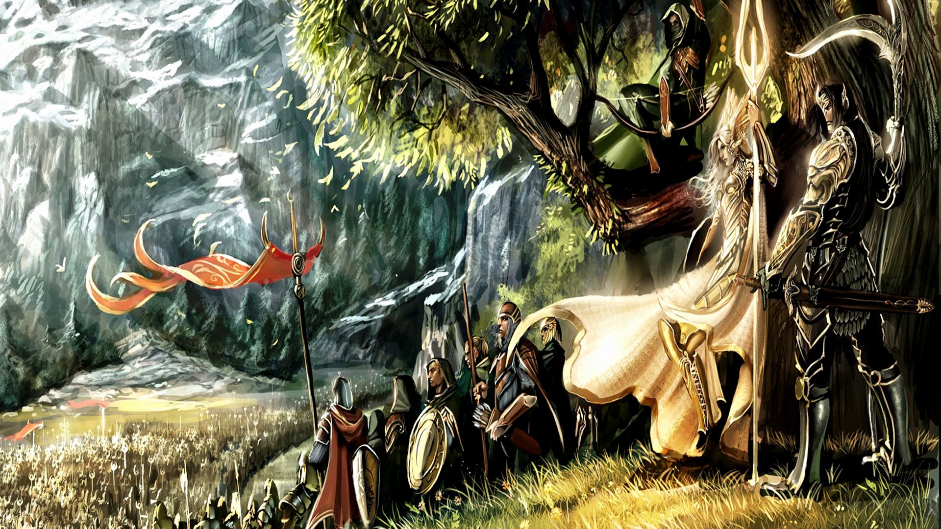 A striking 4K Ultra HD wallpaper depicting a fantasy warrior leading an army, set against a majestic landscape with towering cliffs and vibrant banners.