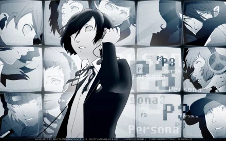 Persona 3 video game HD PC desktop wallpaper featuring the protagonist before a wall of screens showing other characters, monochrome blue stylized anime collage.