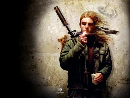 HD fantasy warrior wallpaper featuring a long-haired figure in a dark jacket holding a weapon, with a small teddy bear peeking over the shoulder against a textured background.