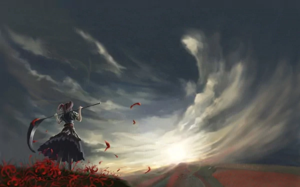 HD desktop wallpaper featuring the anime character Komachi Onozuka from Touhou, with twintails standing in a field of red flowers against a dramatic sky.