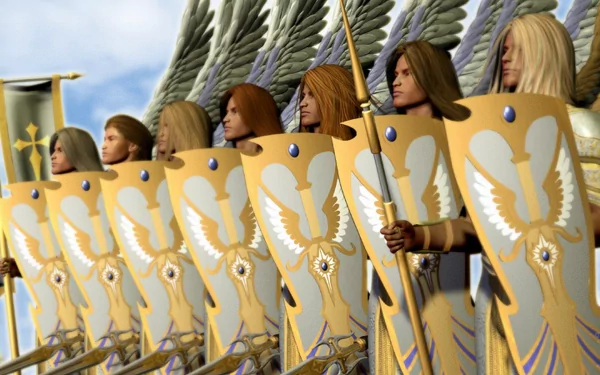 A row of angel warriors in golden armor with winged shields stand ready, captured in detailed 4K Ultra HD fantasy art for PC desktop wallpaper.