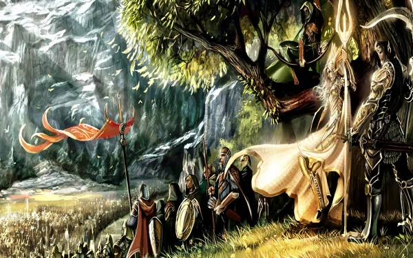 A striking 4K Ultra HD wallpaper depicting a fantasy warrior leading an army, set against a majestic landscape with towering cliffs and vibrant banners.