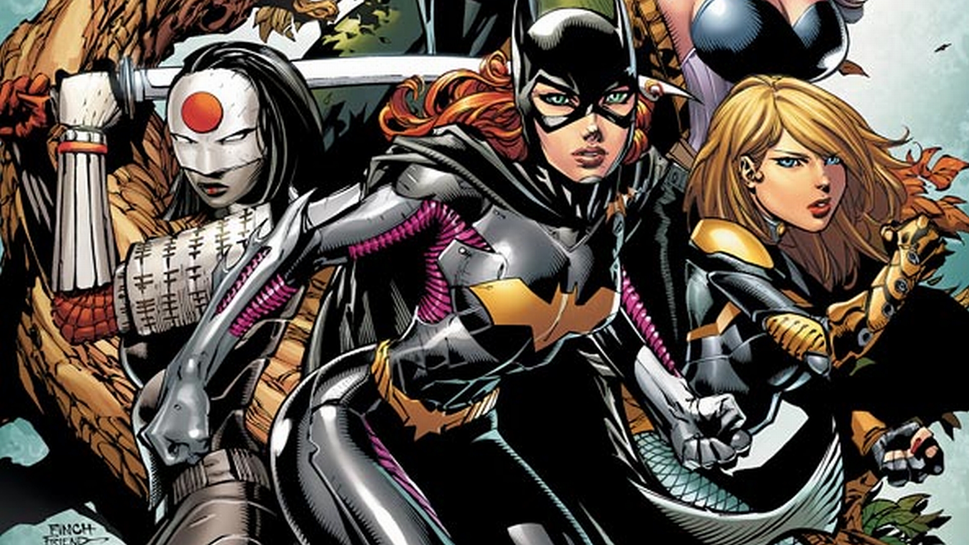 Superhero trio of Katana, Batgirl, and Black Canary in vibrant bodysuits, armed with weapons, ready for action