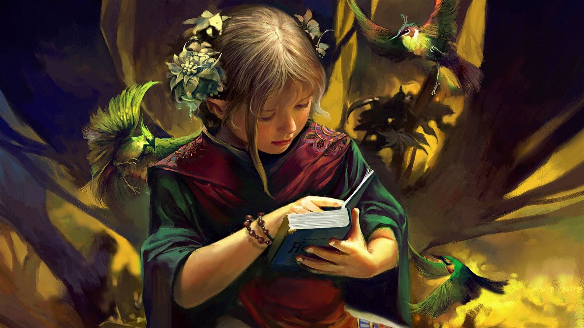 A fantasy-themed HD desktop wallpaper featuring a young woman reading a book, surrounded by vibrant, mythical birds in a mystical setting.
