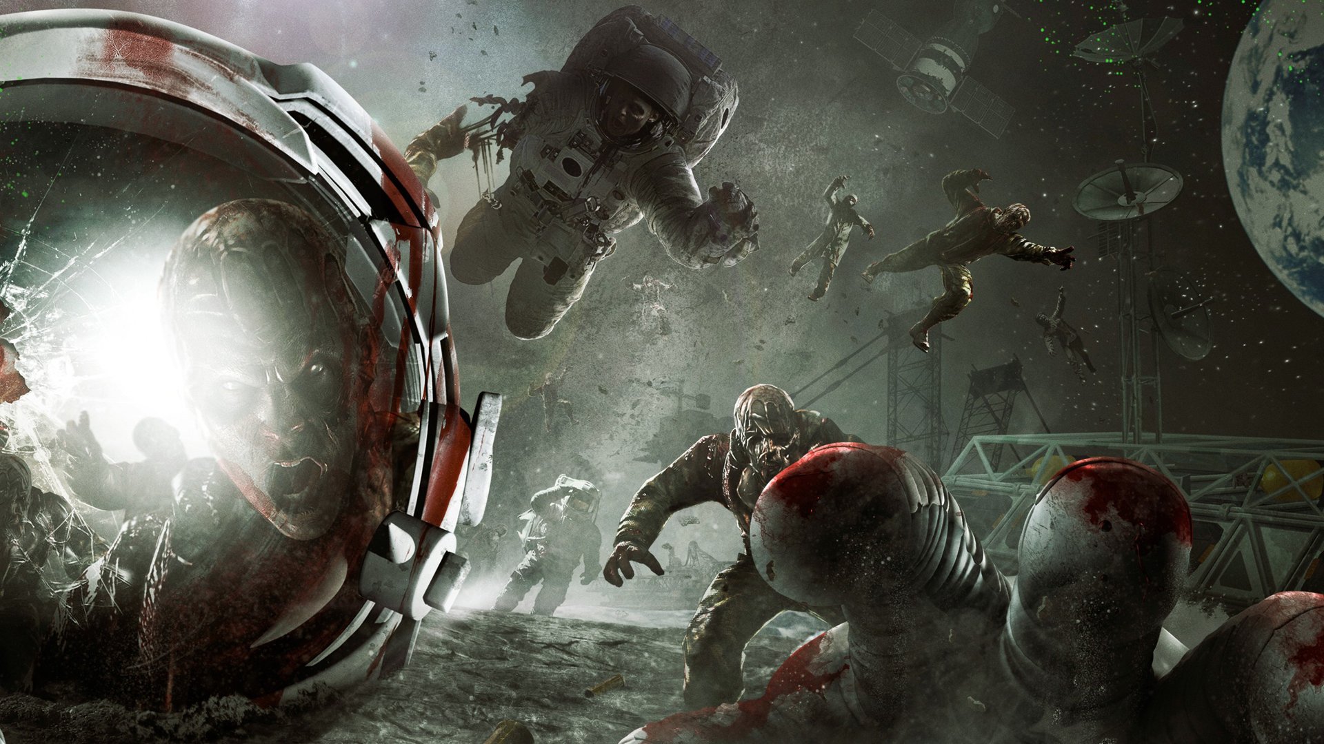 HD PC desktop wallpaper from the Call of Duty video game featuring astronauts battling zombies in a dark, eerie lunar environment.