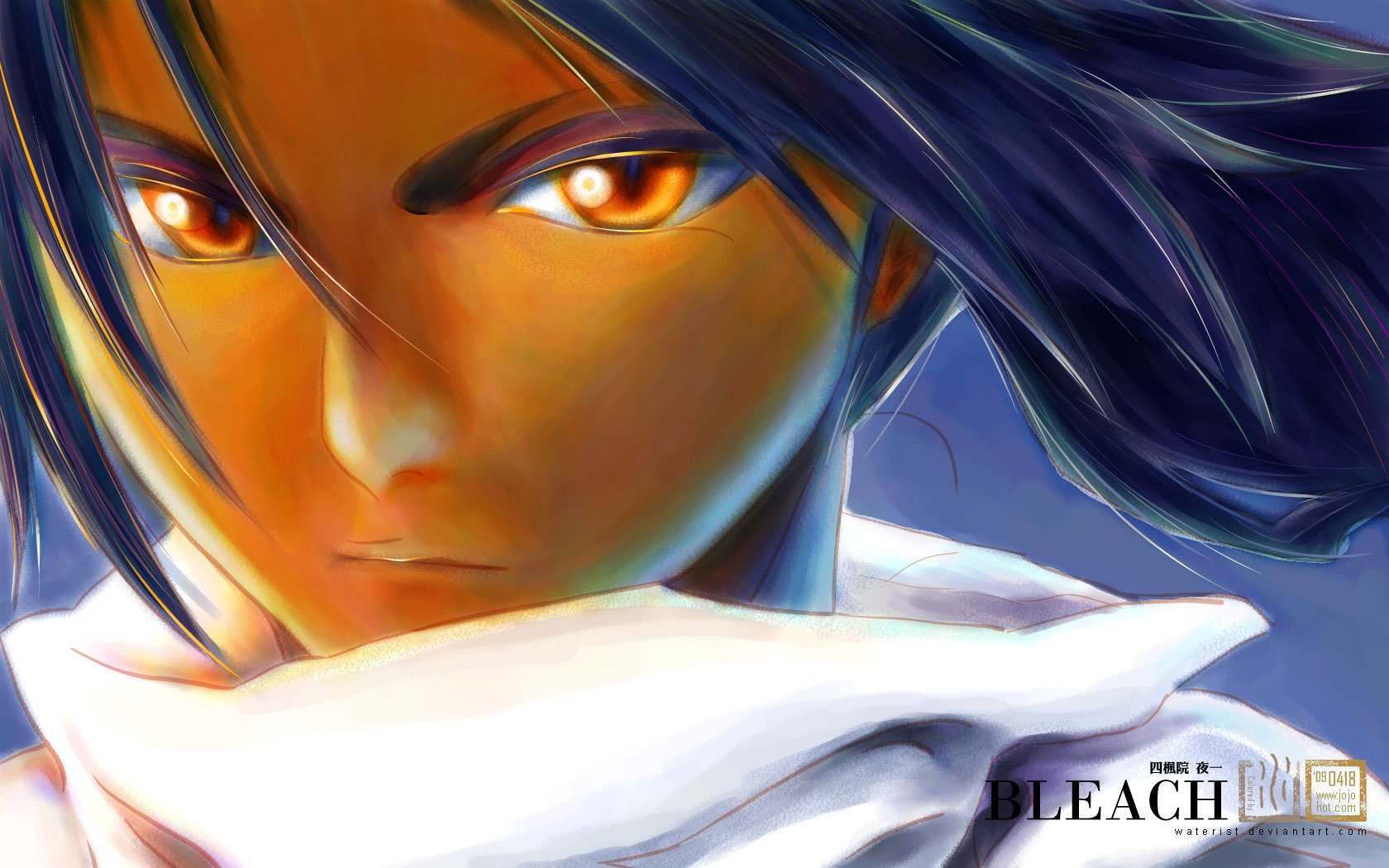 HD PC desktop wallpaper featuring a close-up of Yoruichi Shihôin from the anime Bleach, highlighting her intense gaze and dynamic hair.