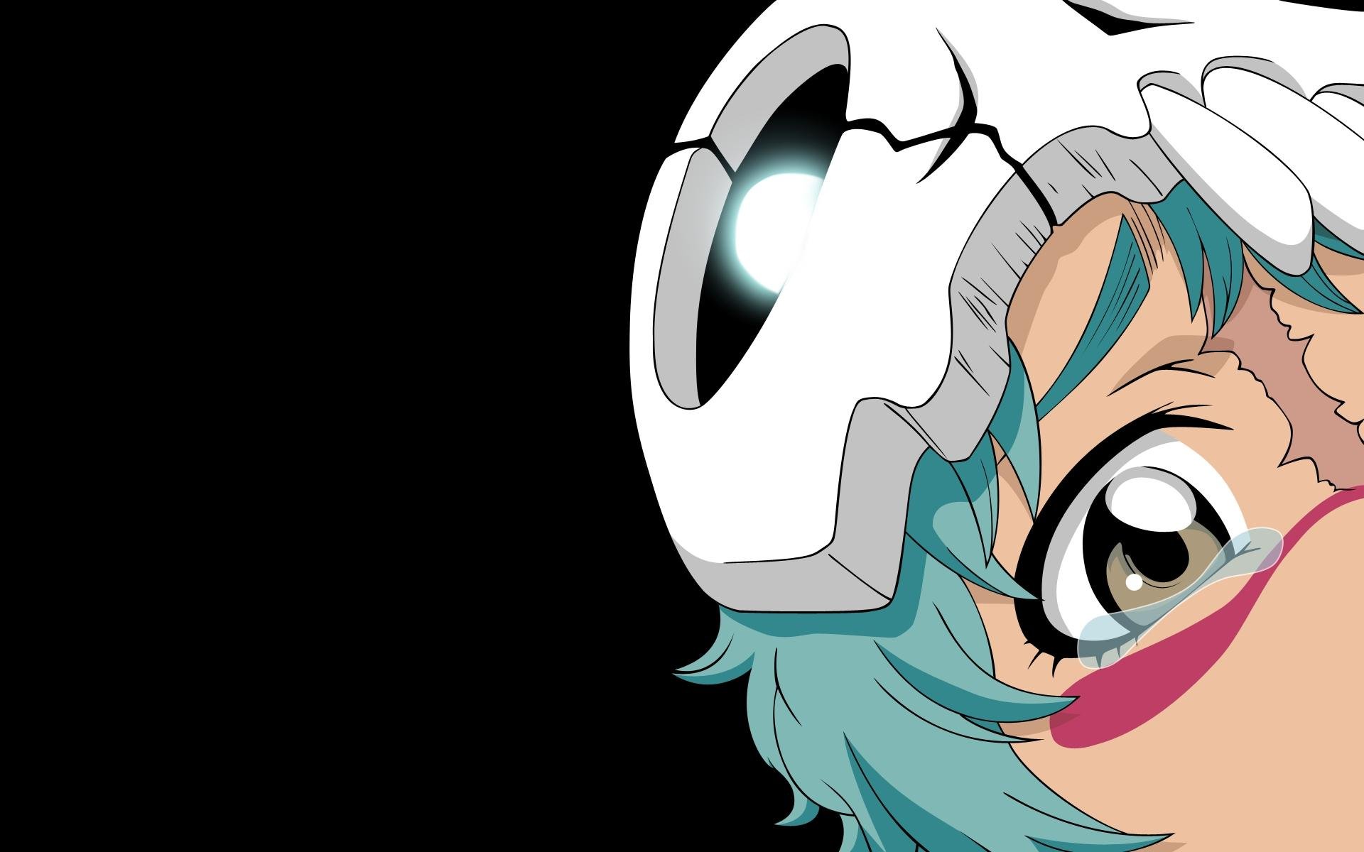 Close-up of Nel Tu from Bleach — turquoise hair, skull helmet, pink cheek markings and a wide eye against a black background. HD PC desktop wallpaper and background, anime art.