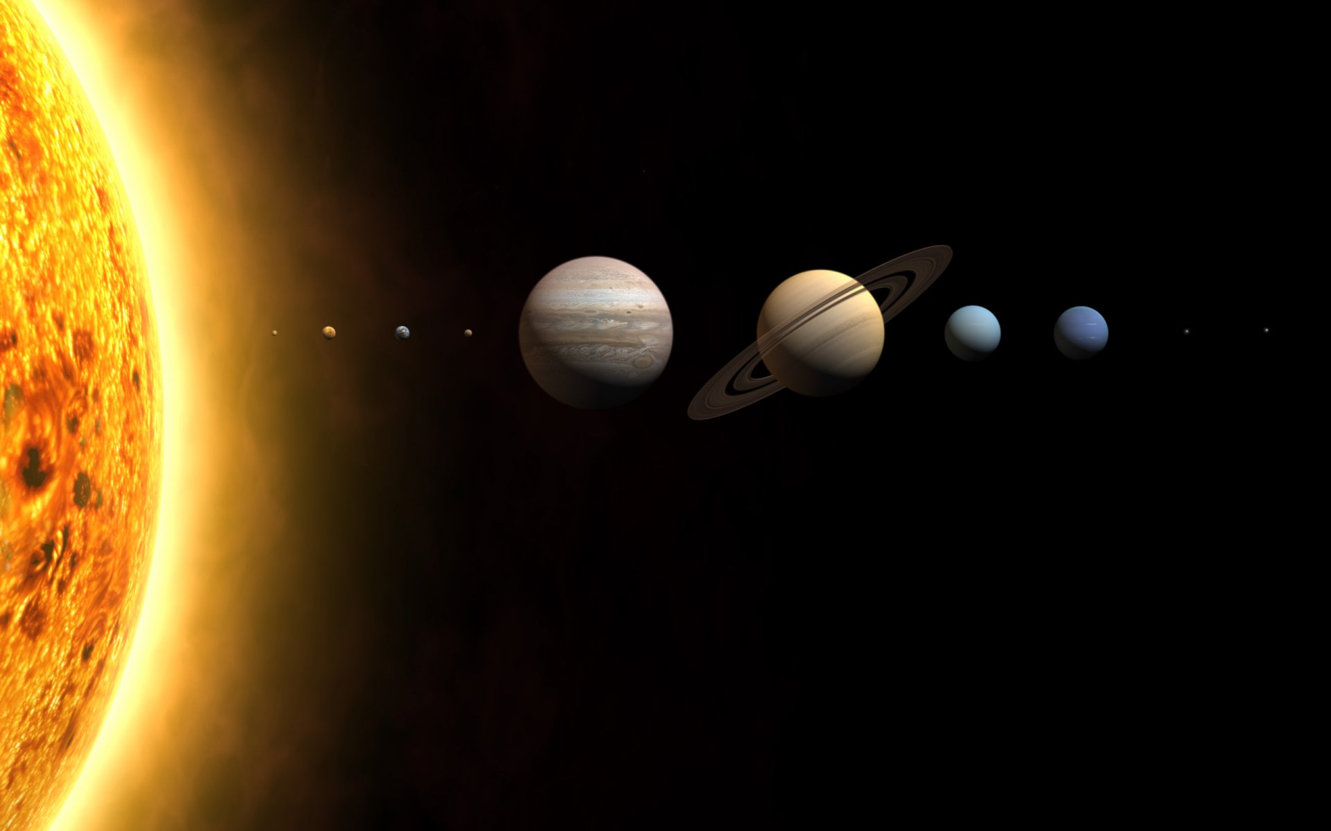HD Sci-Fi desktop wallpaper depicting a view of the Solar System with planets aligned against the blackness of space and a radiant Sun on the left side.