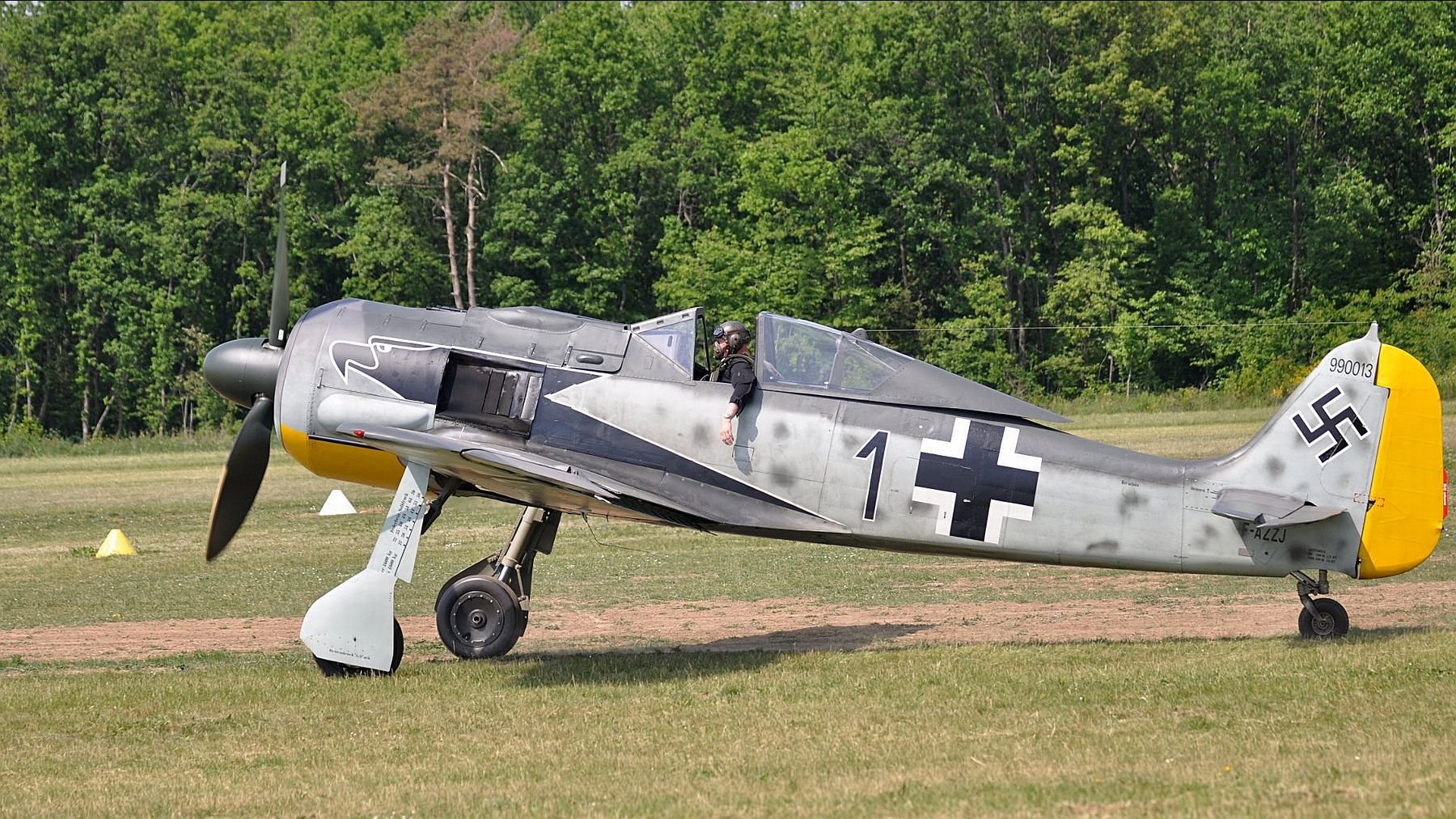 HD desktop wallpaper featuring a military Focke-Wulf Fw 190 aircraft parked on grass with a dense forest background.