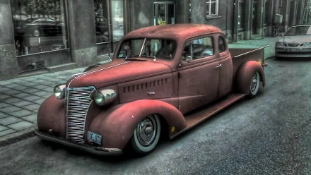 A vintage red truck parked on a city street, captured in sharp detail as a 4K Ultra HD PC desktop wallpaper and background.