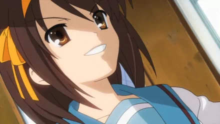 HD anime wallpaper featuring Haruhi Suzumiya from The Melancholy of Haruhi Suzumiya, showcasing her confident expression and school uniform.