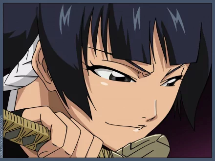 HD anime desktop wallpaper featuring Soifon from Bleach, showcasing her focused expression and dark hair in a close-up shot.