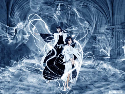 HD desktop wallpaper featuring Byakuya Kuchiki and Rukia Kuchiki from the anime Bleach, surrounded by swirling energy in a dimly lit gothic setting.