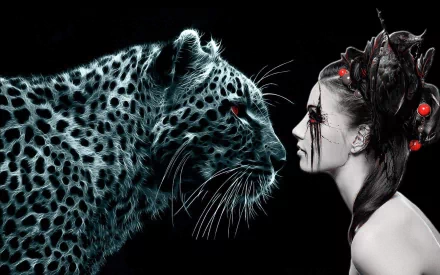 HD desktop wallpaper featuring a close-up of a leopard and a woman with dark, intricate hair adorned with red accents, both facing each other against a dark background.