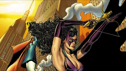 HD comic-style desktop wallpaper depicting a fierce female hunter in a purple outfit aiming a bow against a cityscape backdrop at sunset.