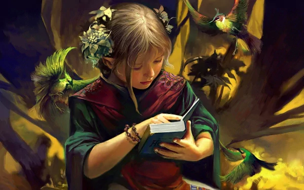 A fantasy-themed HD desktop wallpaper featuring a young woman reading a book, surrounded by vibrant, mythical birds in a mystical setting.
