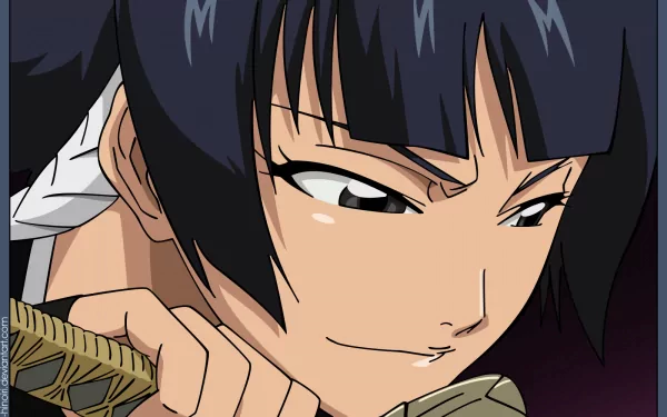HD anime desktop wallpaper featuring Soifon from Bleach, showcasing her focused expression and dark hair in a close-up shot.