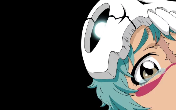 Close-up of Nel Tu from Bleach — turquoise hair, skull helmet, pink cheek markings and a wide eye against a black background. HD PC desktop wallpaper and background, anime art.