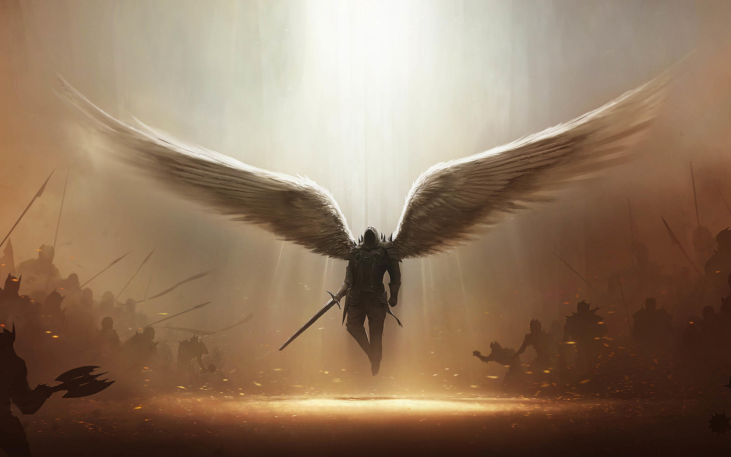 Tyrael, the angel warrior from Diablo III, stands against a fiery backdrop, his majestic wings spread wide.