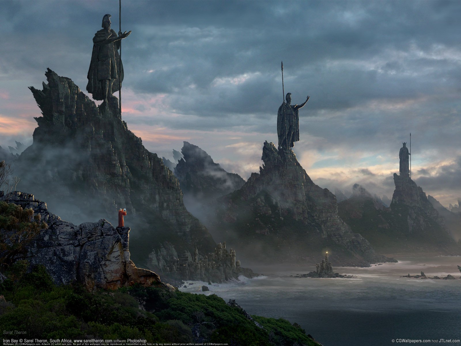 A mystical fantasy landscape featuring towering statues against a dramatic sky, surrounded by rugged cliffs and misty shores, creating an enchanting HD desktop wallpaper.
