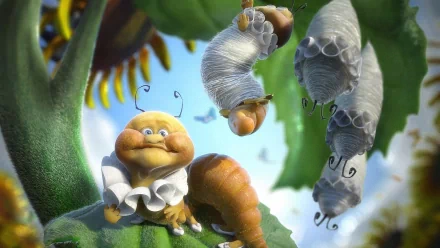 HD PC desktop wallpaper: whimsical cartoon caterpillars perched on a leafy plant under a sunny blue sky, bright animal scene background.