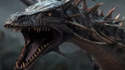 A dramatic close-up of a menacing dragon from the video game Dragon Age: Origins, showcasing intricate details and fierce expression, designed as a HD PC desktop wallpaper.
