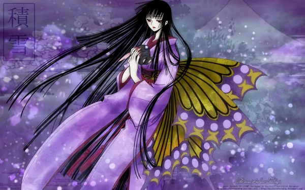 HD anime desktop wallpaper featuring a character from xxxHOLiC in a flowing purple kimono with long black hair and butterfly wings against a dreamy purple background.