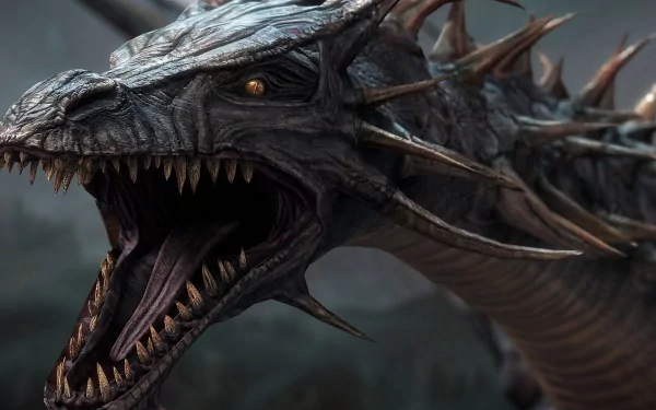 A dramatic close-up of a menacing dragon from the video game Dragon Age: Origins, showcasing intricate details and fierce expression, designed as a HD PC desktop wallpaper.