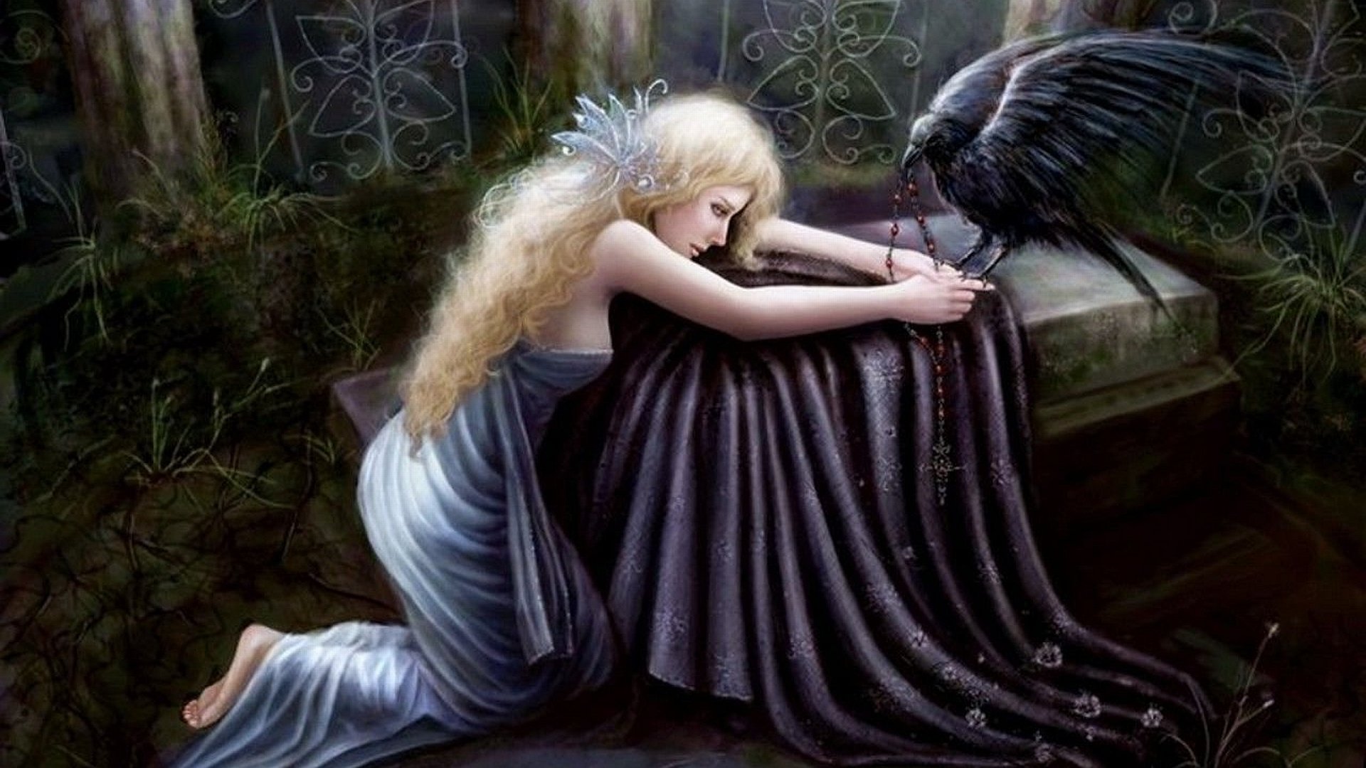 Fantasy HD PC wallpaper featuring a woman with long blonde hair in a white gown, sitting beside a dark-draped figure, interacting with a large black raven in a mystical forest.