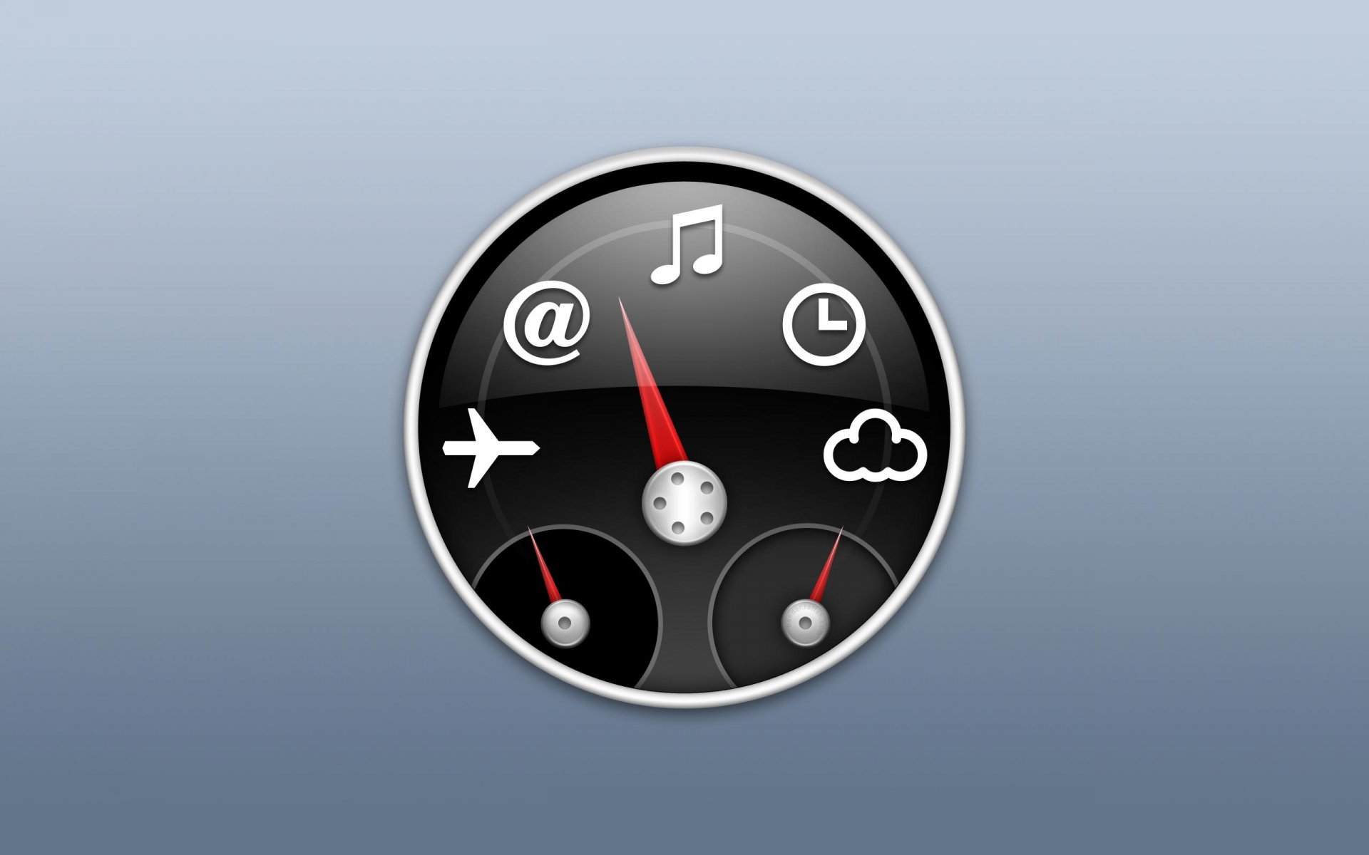 A sleek, circular technology symbol resembling a speedometer with icons for email, music, clock, airplane, and cloud, presented as an HD PC desktop wallpaper background.