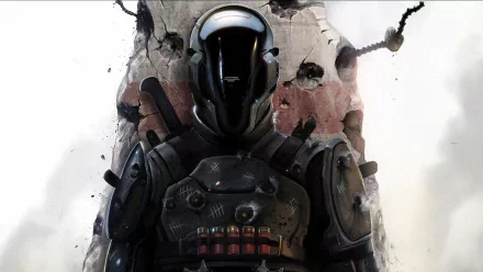 A sci-fi warrior stands confidently against a damaged wall, clad in dark armor with intricate details and weapons, creating a striking HD wallpaper background.