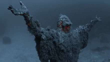 A submerged statue of Jesus with outstretched arms, covered in marine growth, set against a deep ocean backdrop, blending elements of fantasy and spirituality.