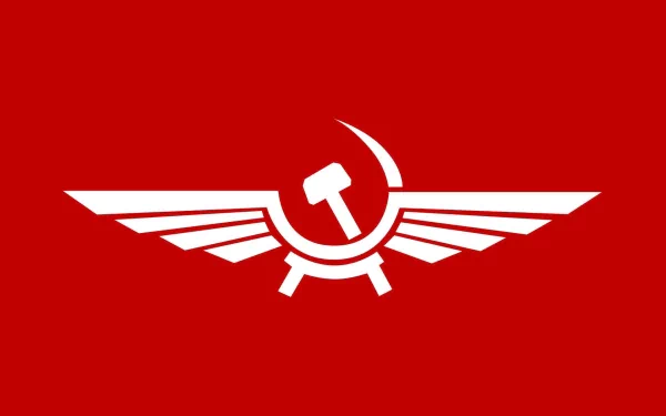A bold HD desktop wallpaper featuring a red background with a white winged emblem symbolizing communism, incorporating a hammer and sickle design.