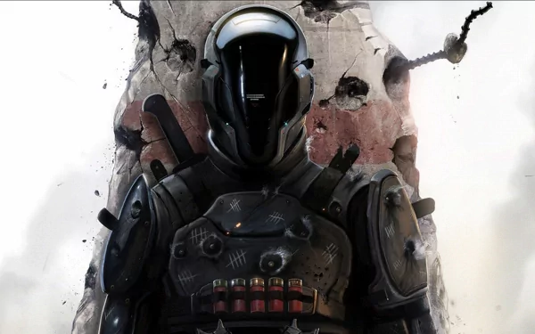 A sci-fi warrior stands confidently against a damaged wall, clad in dark armor with intricate details and weapons, creating a striking HD wallpaper background.