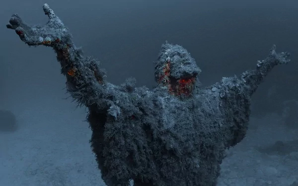 A submerged statue of Jesus with outstretched arms, covered in marine growth, set against a deep ocean backdrop, blending elements of fantasy and spirituality.