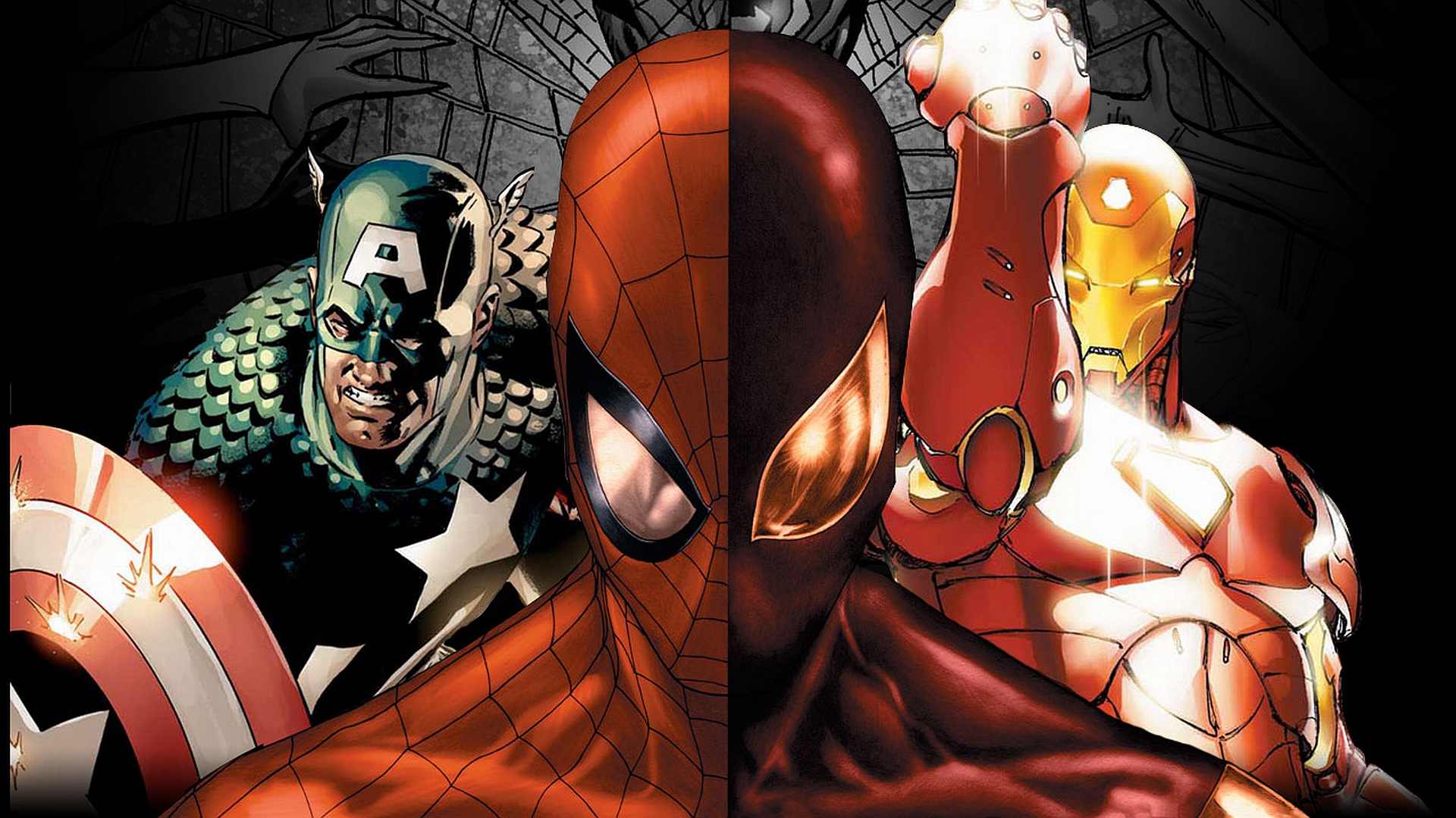 Avengers superheroes Captain America, Spider-Man, and Iron Man featured in a comic-style desktop wallpaper.