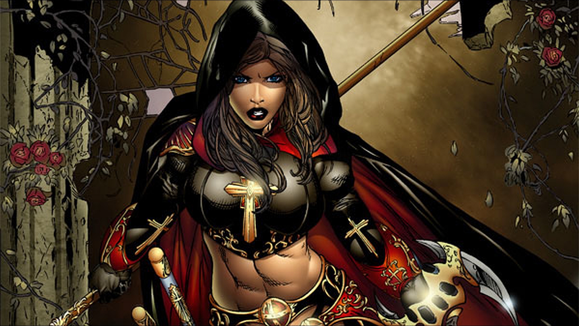 Magdalena, a powerful comic heroine, adorned in her iconic regalia, emanates strength and grace.