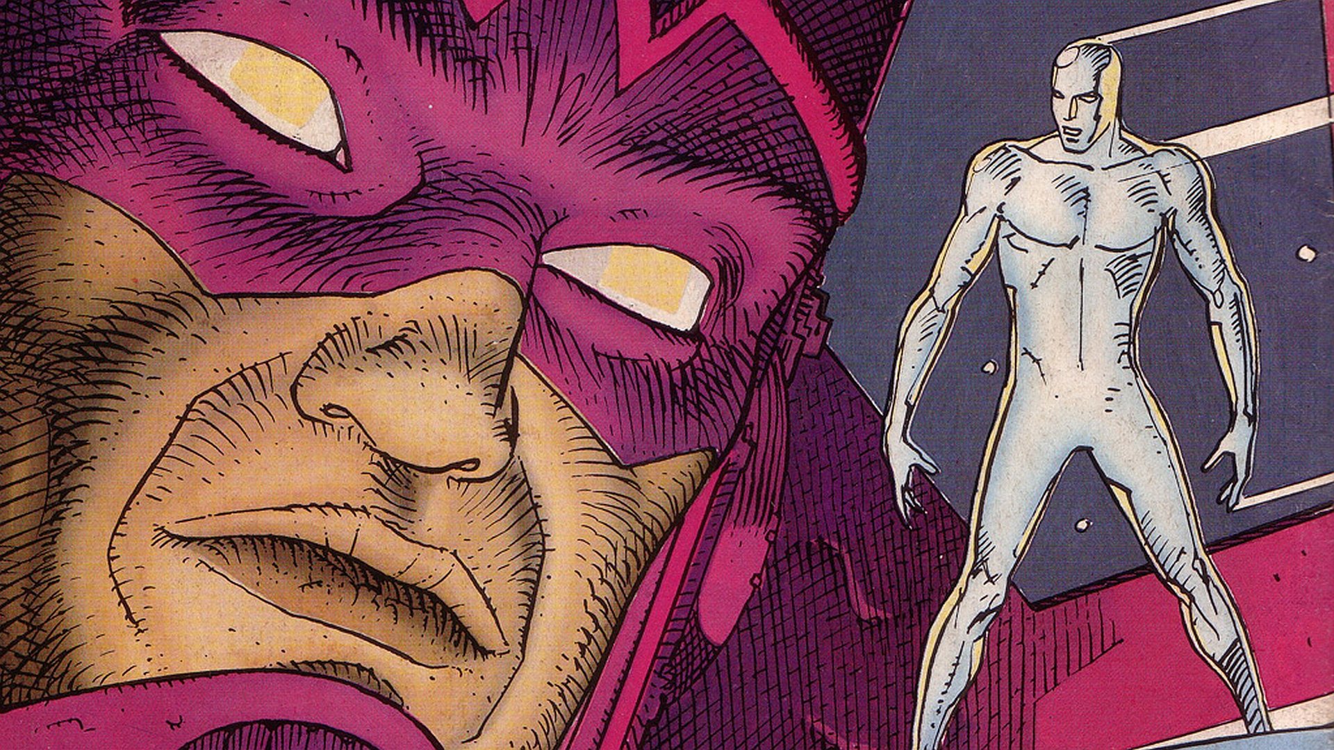 HD comic-style desktop wallpaper featuring a close-up of Galactus and the Silver Surfer standing against a cosmic background.