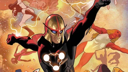 Nova (Marvel Comics) comic HD PC desktop wallpaper: Nova in a gold helmet and red-black suit, fist raised, glowing chest emblem, silhouetted heroes against a fiery cosmic blast.