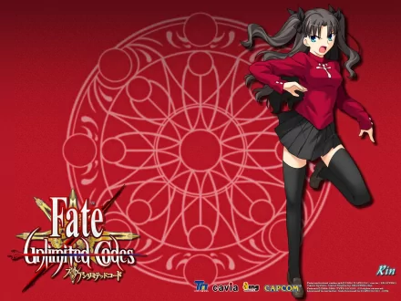 HD PC desktop wallpaper featuring Rin Tohsaka from the anime Fate/unlimited codes, set against a red background with a circular magical emblem design.