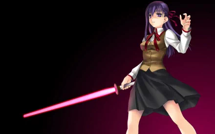 HD anime desktop wallpaper featuring Sakura Matou from Fate/Stay Night, wielding a glowing pink sword against a dark gradient background.