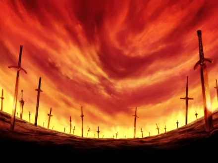 A dramatic anime scene from Fate/Stay Night: Unlimited Blade Works, featuring a fiery sky filled with sword silhouettes, creating an intense and captivating atmosphere.