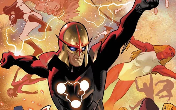 Nova (Marvel Comics) comic HD PC desktop wallpaper: Nova in a gold helmet and red-black suit, fist raised, glowing chest emblem, silhouetted heroes against a fiery cosmic blast.