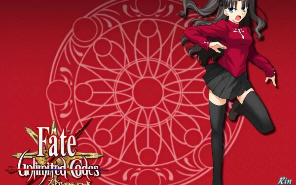 HD PC desktop wallpaper featuring Rin Tohsaka from the anime Fate/unlimited codes, set against a red background with a circular magical emblem design.